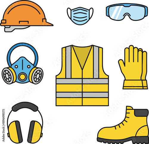 Set of construction and industrial safety equipment icons hard hat, mask, goggles, respirator, vest, gloves, earmuffs, and work boot