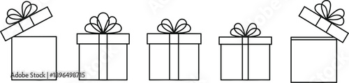 Gift box icon set with open and closed present packages in minimal outline style isolated on white background for holiday celebration design