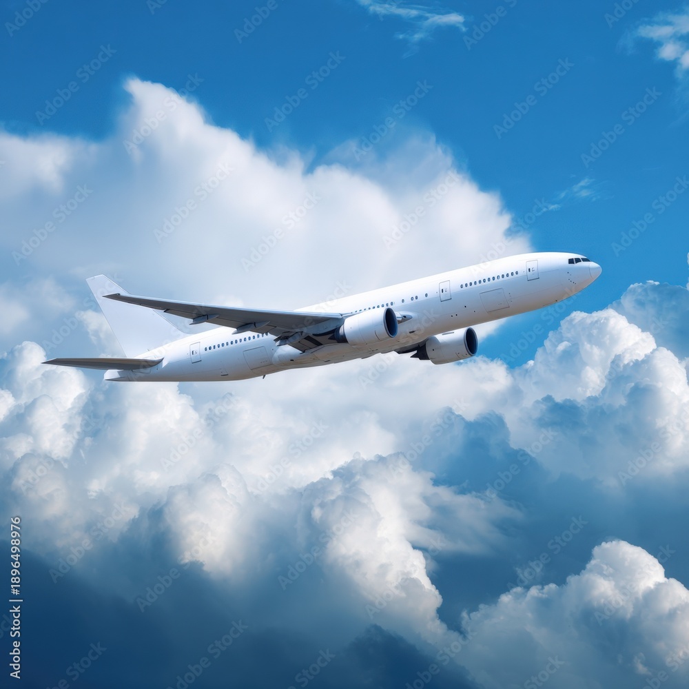 Fototapeta premium Commercial airplane soaring above clouds in clear blue sky