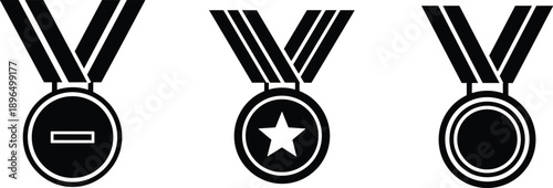 Minimal black medal icons set showing gold silver bronze awards isolated on white background for achievement ranking competition design
