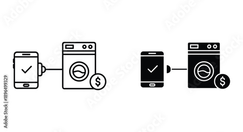 Mobile Payment Icons for Washing Machines with Checkmarks and Dollar Signs