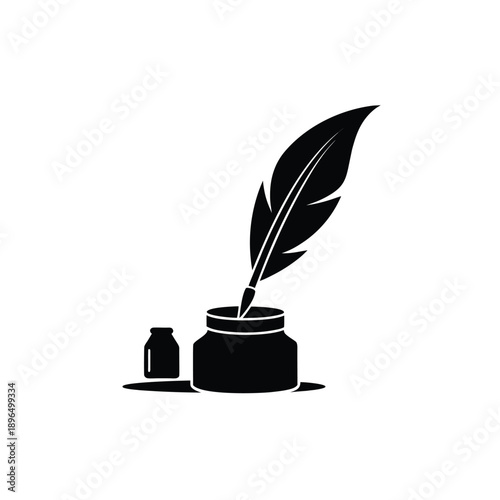 A black and white vector graphic of a quill pen in an inkwell