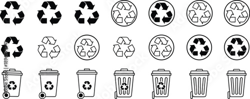 Recycle and waste management icon set in black and white outline and solid vector styles featuring recycling symbols and trash bins for eco design, UI, and print projects