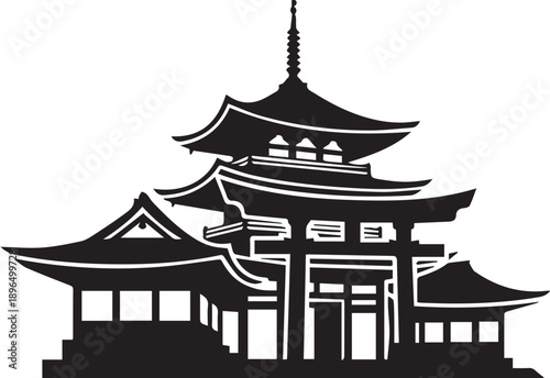 Japanese Pagoda and Torii Gate Vector Illustration, Traditional East Asian Architecture Icon