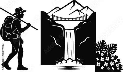 Adventure hiking silhouette illustration with traveler waterfall mountain bridge and tropical plants for outdoor travel nature exploration design concept