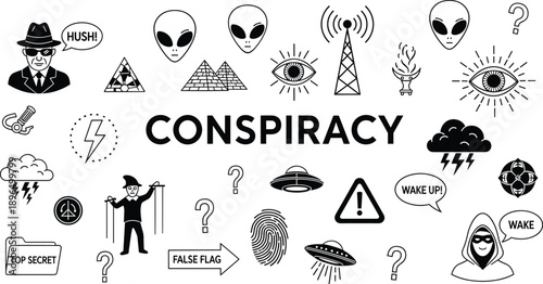 Conspiracy theory icons set with aliens ufo secret symbols eye pyramid fingerprint warning signs for mystery paranoia investigation concept illustration design