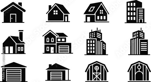 House and building icons set with residential homes garages barns and city skyscrapers for real estate architecture property design illustration