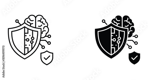 Brain Shield Security Icons with Checkmark in Black and White