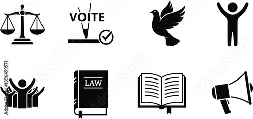 Justice democracy icons set featuring law scales vote symbol dove freedom people book open book and megaphone for civic concepts