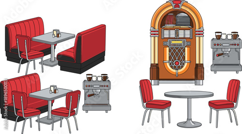 Retro diner interior illustration with red booths jukebox coffee machine and tables for vintage cafe restaurant design concept