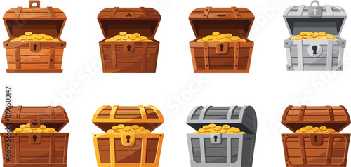 Treasure chest icons set with open wooden and metal boxes full of gold coins for pirate game loot design concept