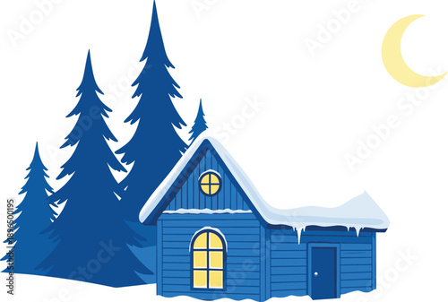 Winter night cabin illustration with snowy pine trees glowing windows moonlight cozy house landscape for christmas holiday season background design