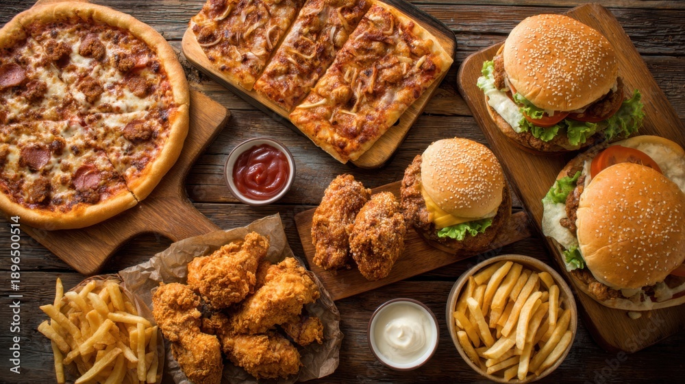 Fototapeta premium Delicious spread of fast food with pizza, fried chicken, burgers, fries, and sauces.