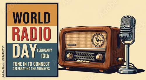 Vintage radio and microphone on world radio day poster background