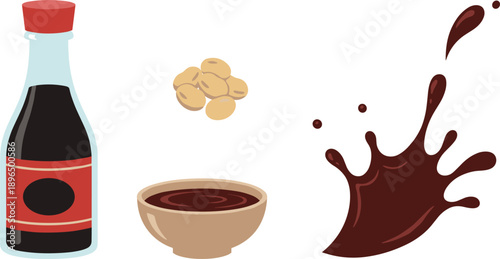 Εκτύπωση καμβά Soy Sauce Bottle with Bowl Splash and Soybeans Set Isolated on White Background