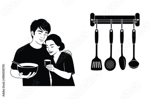 Couple cooking and kitchen utensil icons