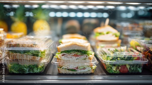 Fresh prepackaged sandwiches and salads displayed in refrigerated glass case.