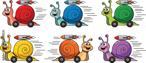 Cartoon Snail with Rocket Booster Set Colorful Speedy Snail Characters Vector Illustration Collection