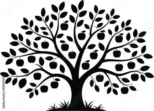 Apple tree silhouette with ripe fruits and leaves, decorative vector illustration representing harvest season, organic farming, growth, abundance, and natural garden design