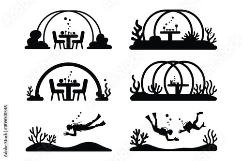 Underwater Dining and Diving Silhouettes