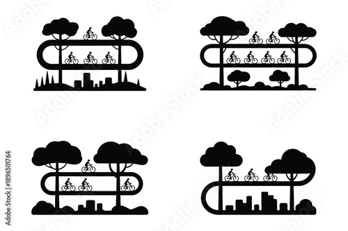 Cyclists on Elevated Paths Above City and Park Landscapes