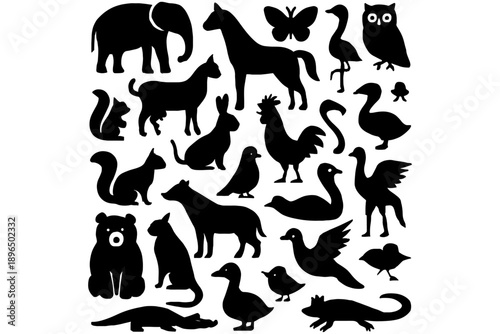 set of animals,
Black Animal Silhouettes Set, 
Wild & Domestic Icons