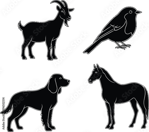 A group of animal silhouettes standing together in a peaceful setting silhouette