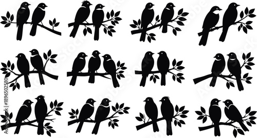 A collection of black bird silhouettes perched on branches with leaves against a white background in silhouette mode