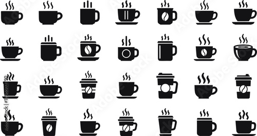A collection of black coffee cup icons on a white background silhouette