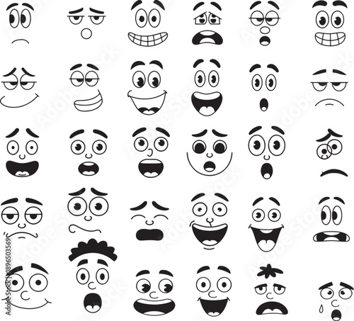 set of funny faces - faces, emoticons, cartoon, expressions, emotions, happy, sad, angry, surprised, excited, confused, worried, sleepy, 