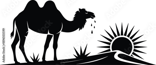 Camel silhouette standing in desert at sunrise, minimalist vector illustration representing arid landscape, nomadic travel, endurance, Middle Eastern and African wilderness