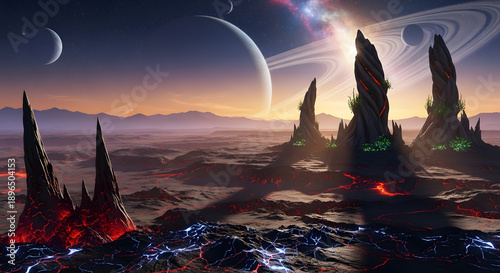 Alien Landscape with Rocky Formations and Planets.