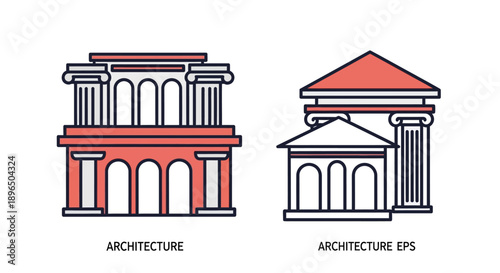 Two Classical Architecture Buildings with Columns and Red Roofs on Isolated White Background