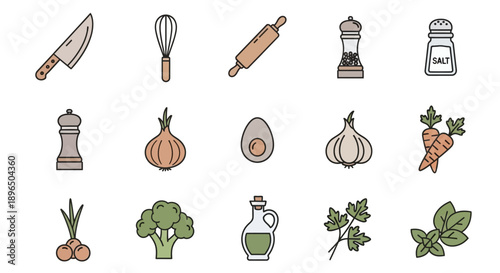 Collection of colorful kitchen utensils and fresh cooking ingredients icons, including knife, whisk, rolling pin, spices, vegetables, and eggs, isolated white background.