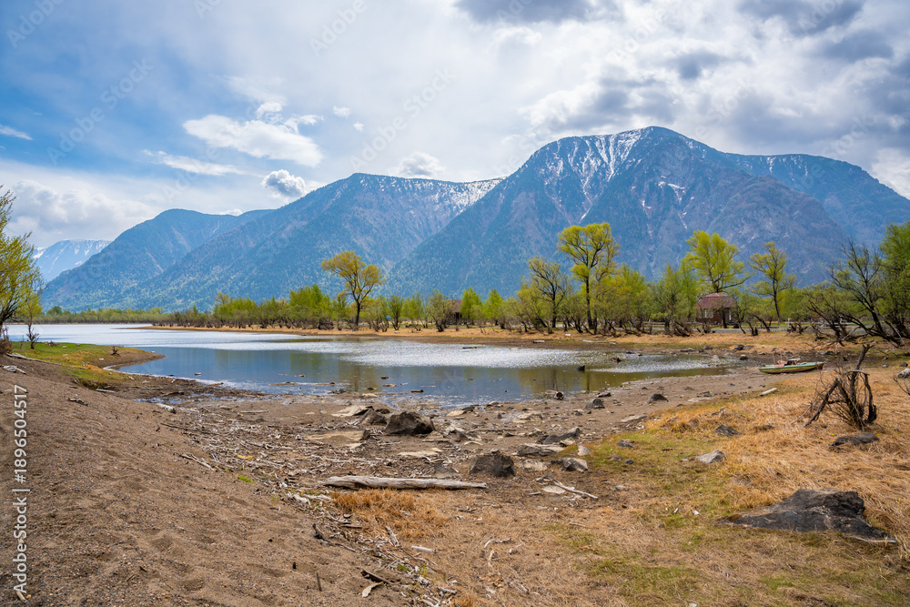 Obraz premium Kyrsai bay on southern shore of Teletskoye lake with forest and towering mountains. Pristine natural landscape in Altai Russia wilderness