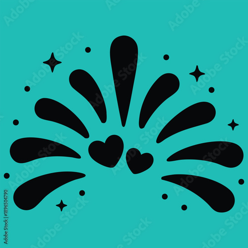 Minimalist vector illustration of a stylized firework or splash burst with smooth rounded shapes, two small hearts at the center, surrounded by tiny dots and sparkles.