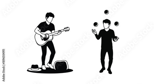 Musician and juggler depicted in a striking black silhouette