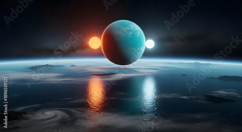 Blue Planet with Binary Suns in Space.