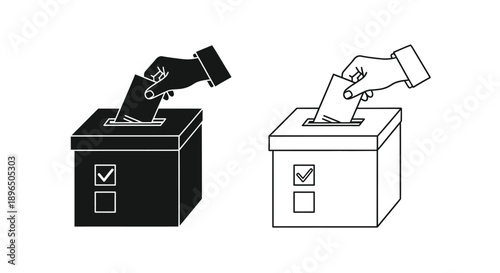 Voting process depicted with hands and ballot boxes a stark silhouette