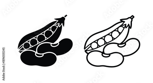 Two open pea pods one solid black and one outlined silhouette