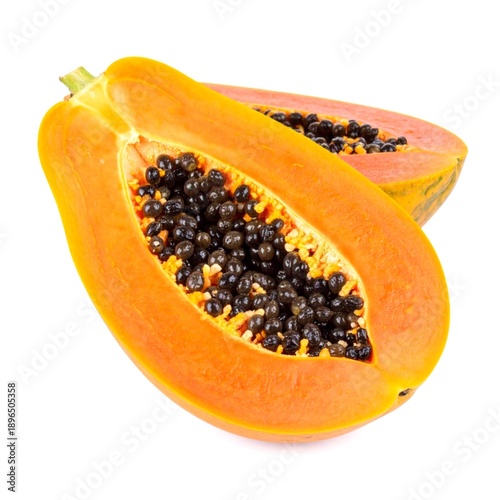Fresh Papaya Isolated on White Background, Tropical Orange Fruit with Black Seeds and Sweet Juicy Flesh for Healthy Nutrition Concept