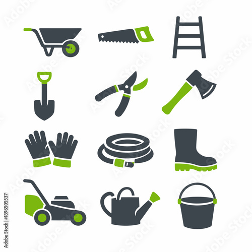 Essential gardening tools and equipment icons for yard work and outdoor maintenance projects isolated on transparent background, isolated on white background, Vector