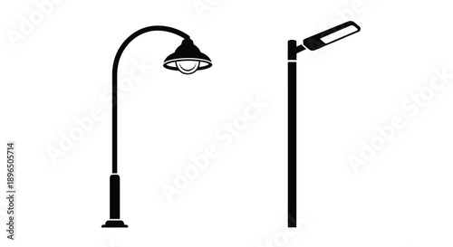 Two street lamps in a stark black and white visual silhouette