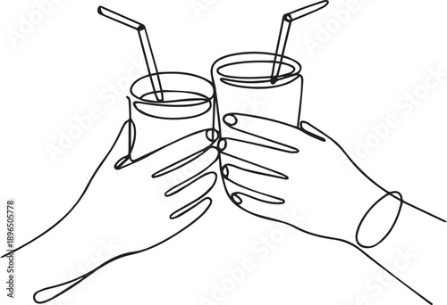 Hands holding glasses in a toast, celebrating friendship and togetherness with straws