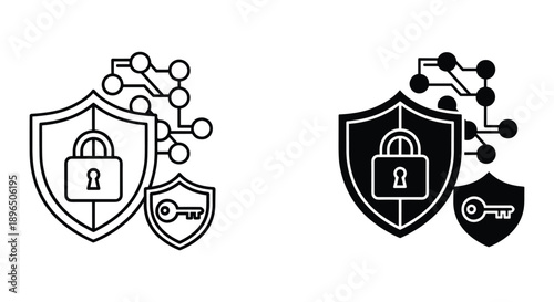 Cyber Security Shield Icons with Lock and Key Elements