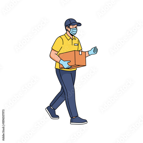 Delivery man in safety gear carrying package