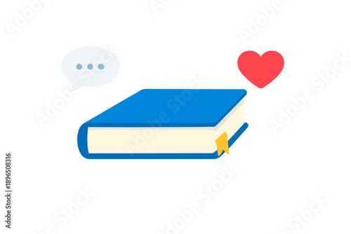 Blue book with a speech bubble and a heart symbol showing reading and communication