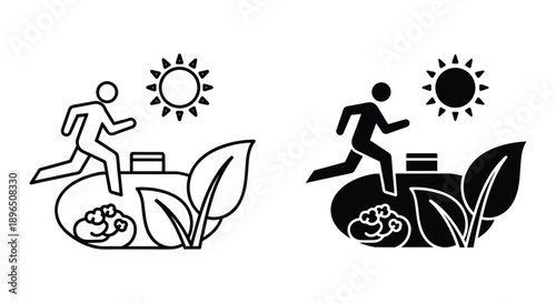 Businessman running on clock leaves with sun and moon time management work life balance vector illustration