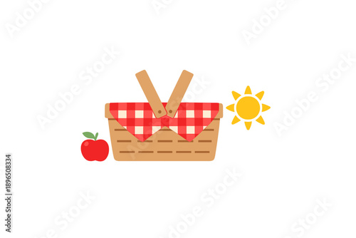 Basket with checkered cloth and an apple stands under a bright sun during a picnic scene in a park on a sunny day