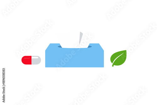 Tissue box with tissues, a red and white capsule, and a green leaf placed on a plain background, representing health and wellness themes